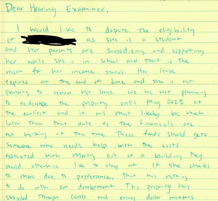 HearingSeattle's tweet photo. Filed today, a landlord is contesting having to pay their portion of tenant relocation assistance because they allege that the tenant's parents are supplementing their income, and ask the Hearing Examiner to look at the tenant's "true need" for that relocation assistance. https://t.co/e6cjSdo3fz