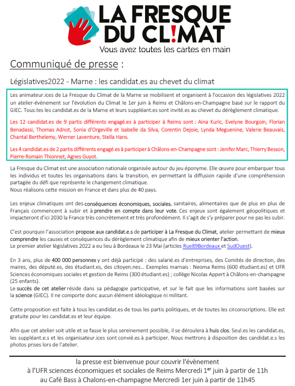 LaFresqueEnCA's tweet photo. Rappel : les candidats sont attendus à 8h30 à Reims et 9h à Châlons en Champagne. La presse est attendue en fin d'atelier. @UnionArdennais  @bleureims @champagnefm   @hebdoduvendredi  @France3tv
 @fbleuchampagne  #legislatives2022 https://t.co/6FKgfYotLP