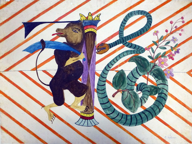 Op de zevenennegentigste dag van Poetins misdadige oorlog tegen de Oekraïense bevolking, is dit het Oekraïense kunstwerk van de dag: dit wonderlijke ontwerp van Jevmen Psjetsjenko’s met fabeldieren en een raster - waarschijnlijk bedoeld voor geborduurd textiel.