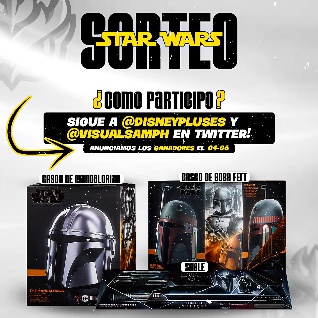 ✨Vamos a acabar el mes de la mejor forma!🤭 
Un sorteo junto a <a href="/DisneyPlusES/">Disney+ España</a> 
➡️3 ganadores:

 1⃣ Casco de Mandalorian + disfraz de Rey
 2⃣ Casco de Boba Fett + disfraz de Kylo Ren
 3⃣ Sable Mandalorian negro

📌Solo tenéis que seguir a <a href="/DisneyPlusES/">Disney+ España</a> y a <a href="/VisualsAmph/">A M P H</a> + dar RT 🖤