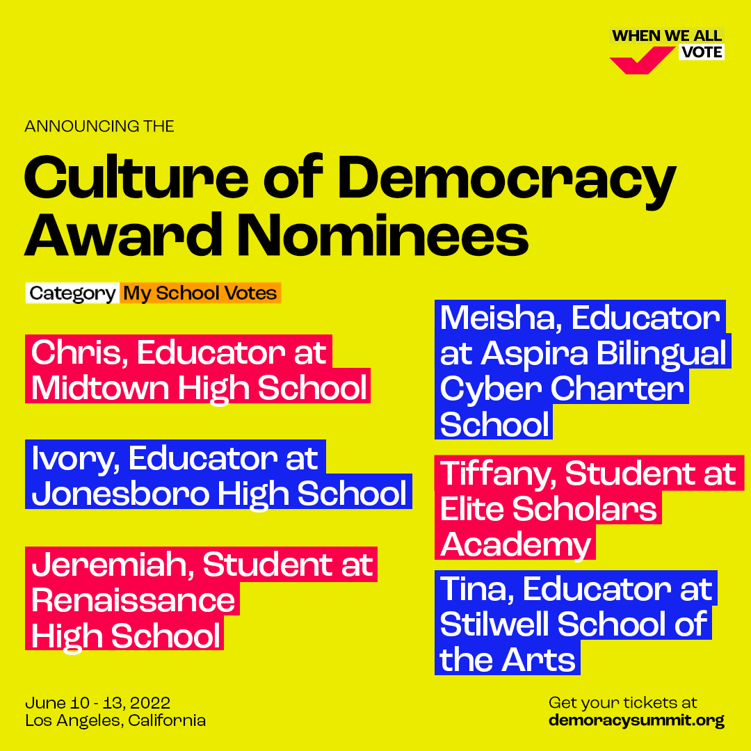 We can't say enough about the role students and educators play in shaping our democracy 🎓🍎That's why we're proud to announce the  #CultureOfDemocracy Award nominees for outstanding students and teachers for their participation in My School Votes.

democracysummit.org