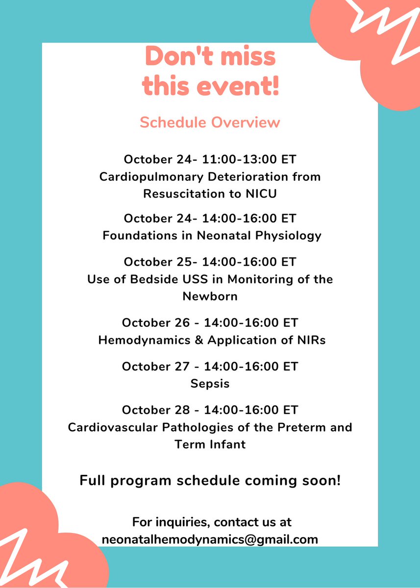 Save the date for our Clinical Cardiopulmonary Physiology for the Care of the Sick Newborn virtual course! October 24-28, 2022
Check out our session topics &amp; register below 👇 #neotwitter

us02web.zoom.us/webinar/regist…
us02web.zoom.us/webinar/regist…