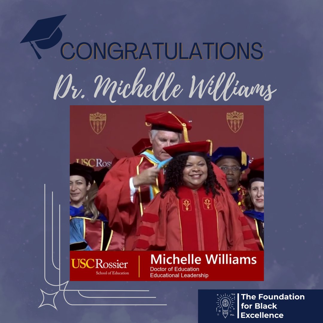 Our fearless leader and president obtained her Doctor of Education degree in Educational Leadership from University of Southern California. We are so proud of Dr. Williams and her vision to further our Black community with excellence! 

#BlackExcellence #DoctorWilliams #TheFBE
