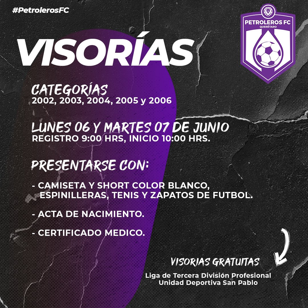 ¡Esta es tu oportunidad! 🦾

Únete al equipo de Petroleros ⚽
Categorías 2002, 2003, 2004, 2005 y 2006

Apunta la fecha 👀
🗓Lunes 6 y martes 7 de junio

docs.google.com/document/d/148…
Sólo tienes que llenar este formulario para completar el registro 🙌🏼

Te esperamos 🤩
