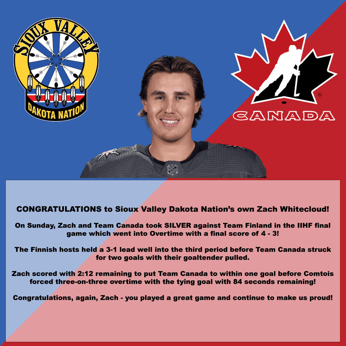 Zach Whitecloud and Team Canada Take Silver (2022.05.31)

svdngovernance.com/uncategorized/…

#IIHFWorlds #IIHFWorlds2022 #ZachWhitecloud #TeamCanada #SiouxValleyDakotaNation