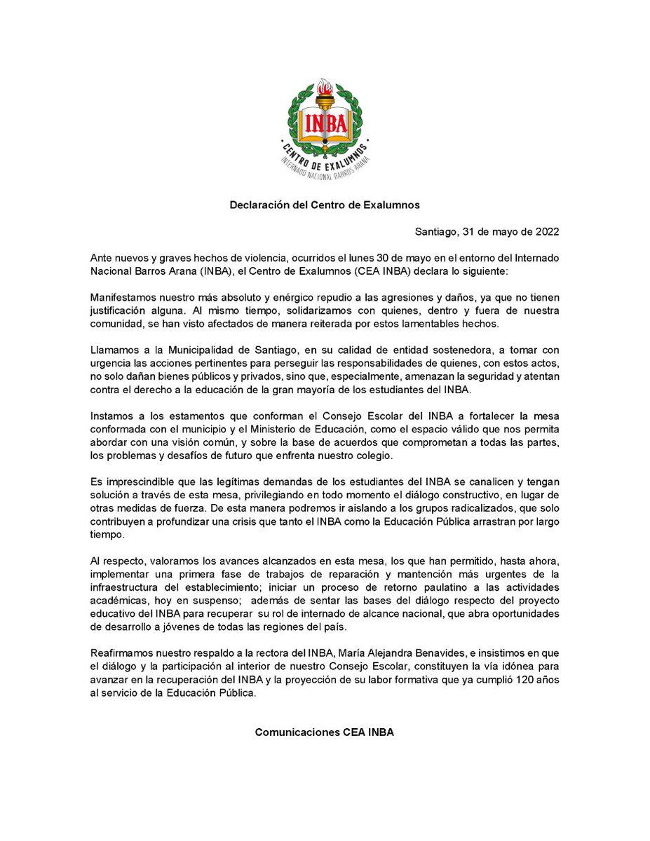 inba_cea's tweet photo. Declaración del Centro de Exalumnos https://t.co/sk1w7G3M4w