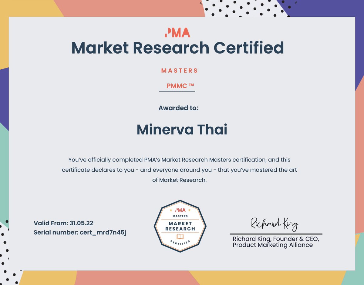 Got <a href="/PMMalliance/">Product Marketing Alliance</a> Market Research Masters PMMC™ Certified (and a neat spotlight quote on the course page itself - see link)!

#Marketresearch is my jam, so I was glad to solidify my knowledge with this certification. If you're a #PMM, check it out at certified.productmarketingalliance.com/p/market-resea…!