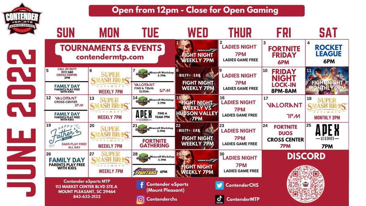 ContenderCHS's tweet photo. Charleston, check out these awesome June events!
June 10th, don't miss our Lock-In! 8PM-8AM UNLIMITED gaming. $25 for members/$35 for non-members 🔥🔥 #charlestonesports #tekken7 #ggst #kofv #contendermtp #VALORANT #ApexLedgends https://t.co/A097ZLXQqX
