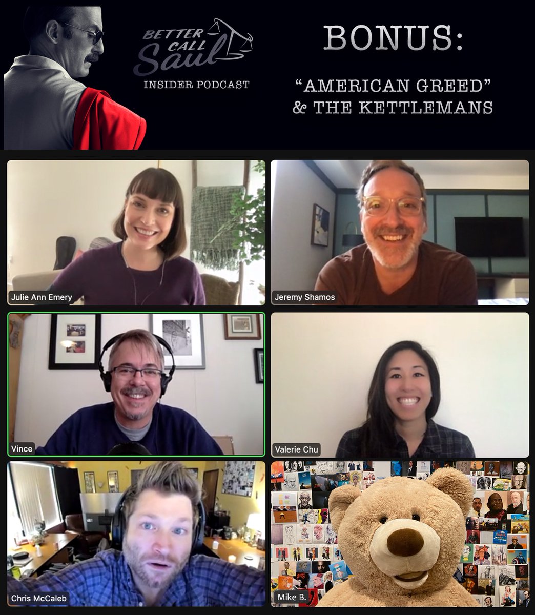 The <a href="/BetterCallSaul/">Better Call Saul</a> Insider Podcast BONUS #1! w/ @julieannemery <a href="/jeremyshamos/">Jeremy Shamos</a> #vincegilligan <a href="/valerie_chu/">valerie chu</a> + ME! We talk Kettlemans &amp; <a href="/AmericanGreedTV/">American Greed</a> - it’s FREE, almost anywhere you get podcasts! #BetterCallSaul