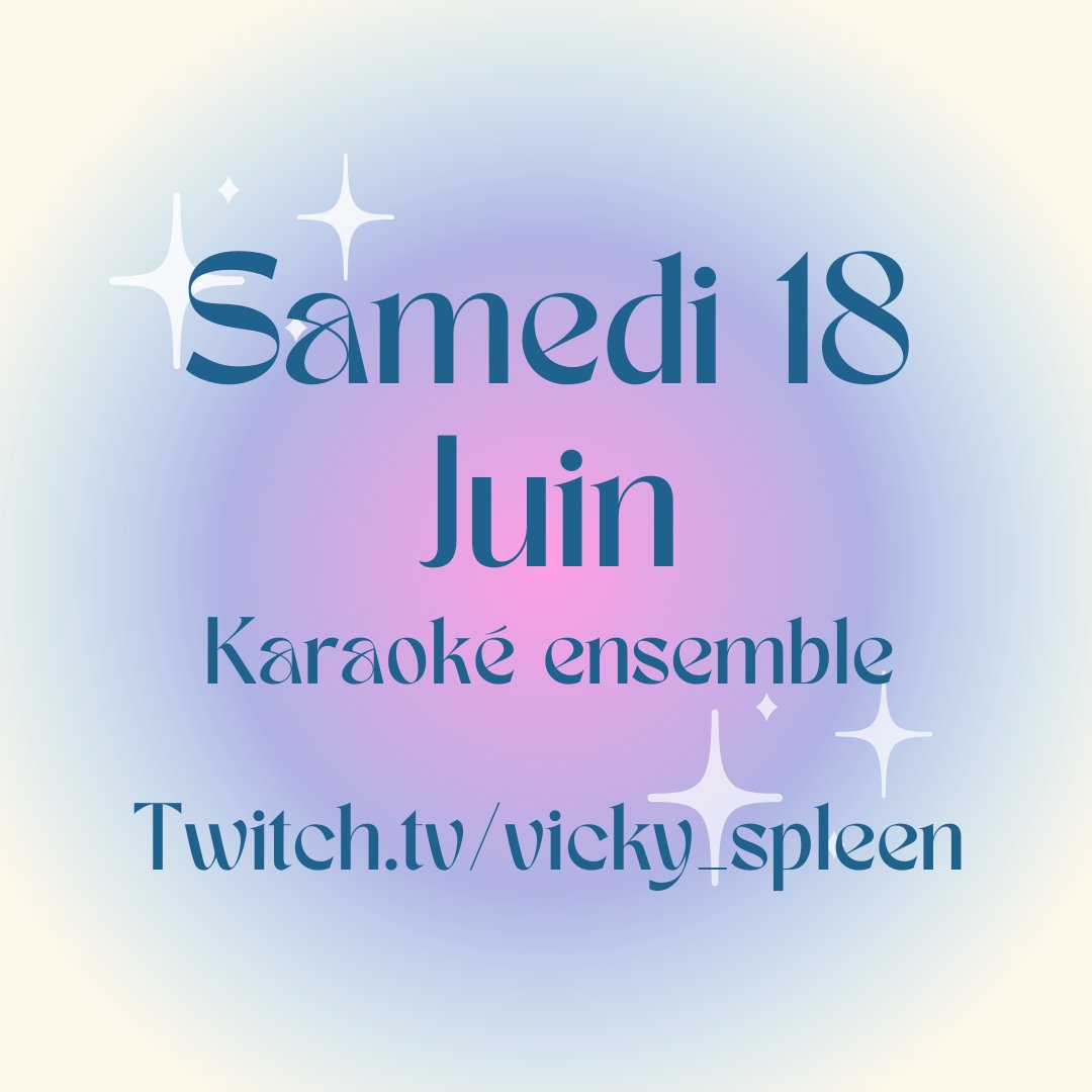 🎤I NEED YOU🎤
Le samedi 18 juin j'organise un karaoké ou vous êtes mon partenaire de duo ! Comment faire ? Il suffit de m'envoyer une vidéo de votre prestation à l'adresse : vickyspleen@gmail.com
Le reste se passera en stream le samedi à 18h!
J'ai trop hâte !! 💙🎶💙