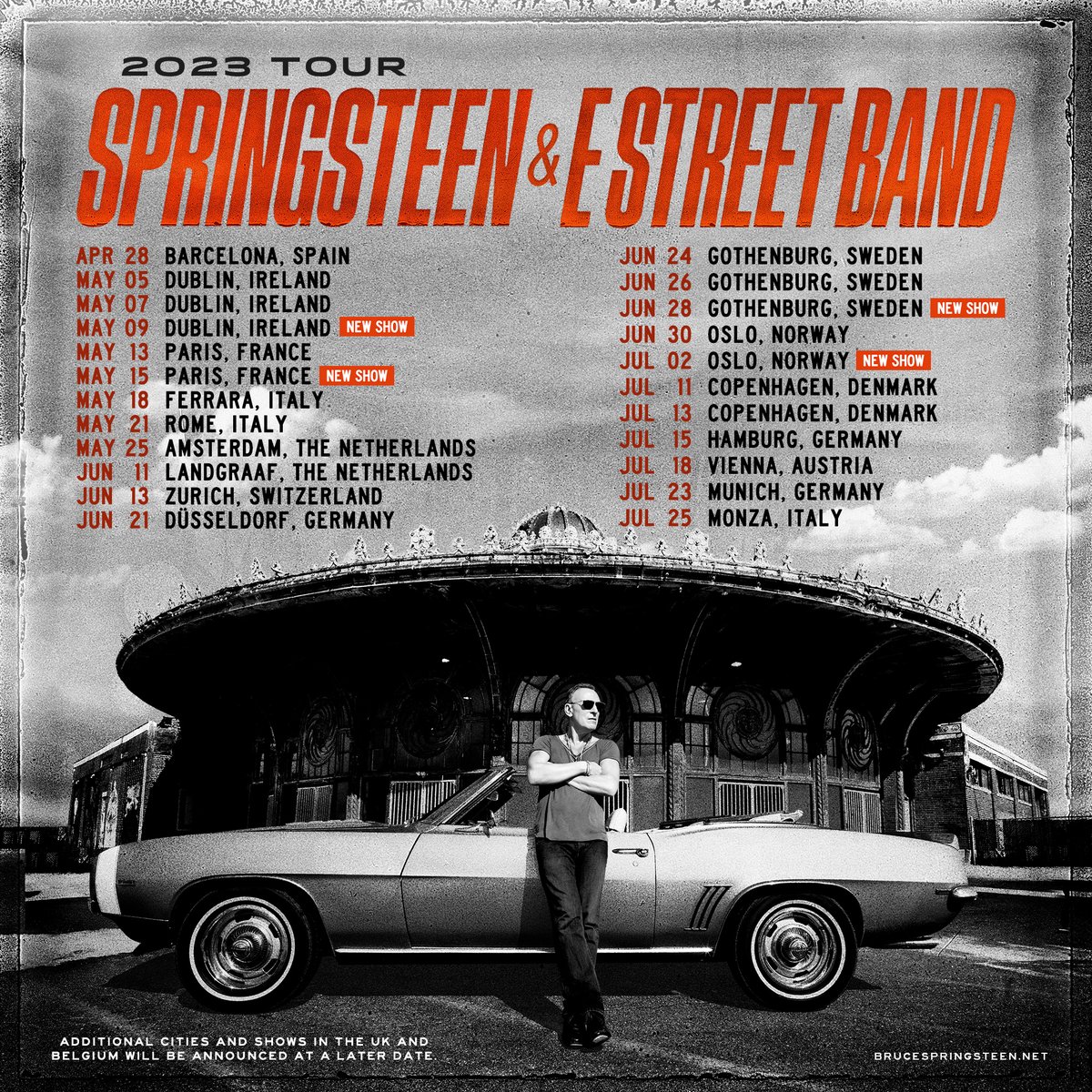 springsteen's tweet photo. More shows have been added in Dublin, Oslo, Gothenburg &amp; Paris! 

Tickets in The Netherlands, Denmark, France, Germany &amp; Austria go on sale this week!

Join us on tour in 2023! Tickets &amp; info ➡️  https://t.co/v6UWVRLrSx https://t.co/zL9qIC1OFk