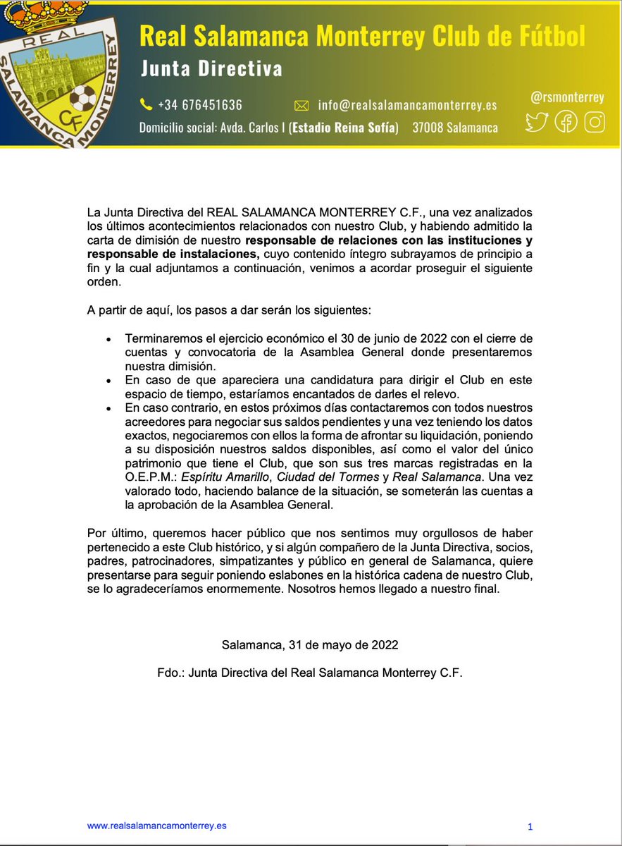 rsmonterrey's tweet photo. 𝐂𝐎𝐌𝐔𝐍𝐈𝐂𝐀𝐃𝐎 𝐎𝐅𝐈𝐂𝐈𝐀𝐋 📝

Tras los últimos acontecimientos relacionados con nuestro Club, la Junta Directiva quiere hacer público tanto el siguiente comunicado, como la carta de dimisión que Ludivino Pérez presentó el pasado sábado 28 de mayo. https://t.co/LULCuKUFZ8