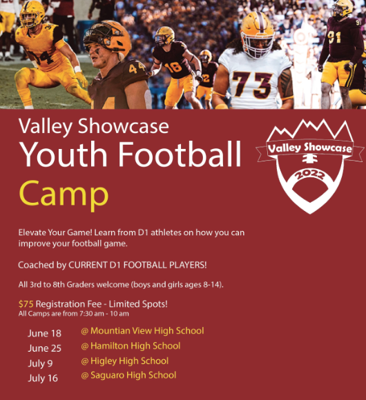 playyon's tweet photo. Arizona Youth Football Camps!
Half day camps with D1 Football stars!
$75 for insights, skills teaching and fun.
Teach them the love of the game!
Spaces limited!

Register Here:
https://t.co/b4NLJuYXwX… https://t.co/afFuNYCZXf