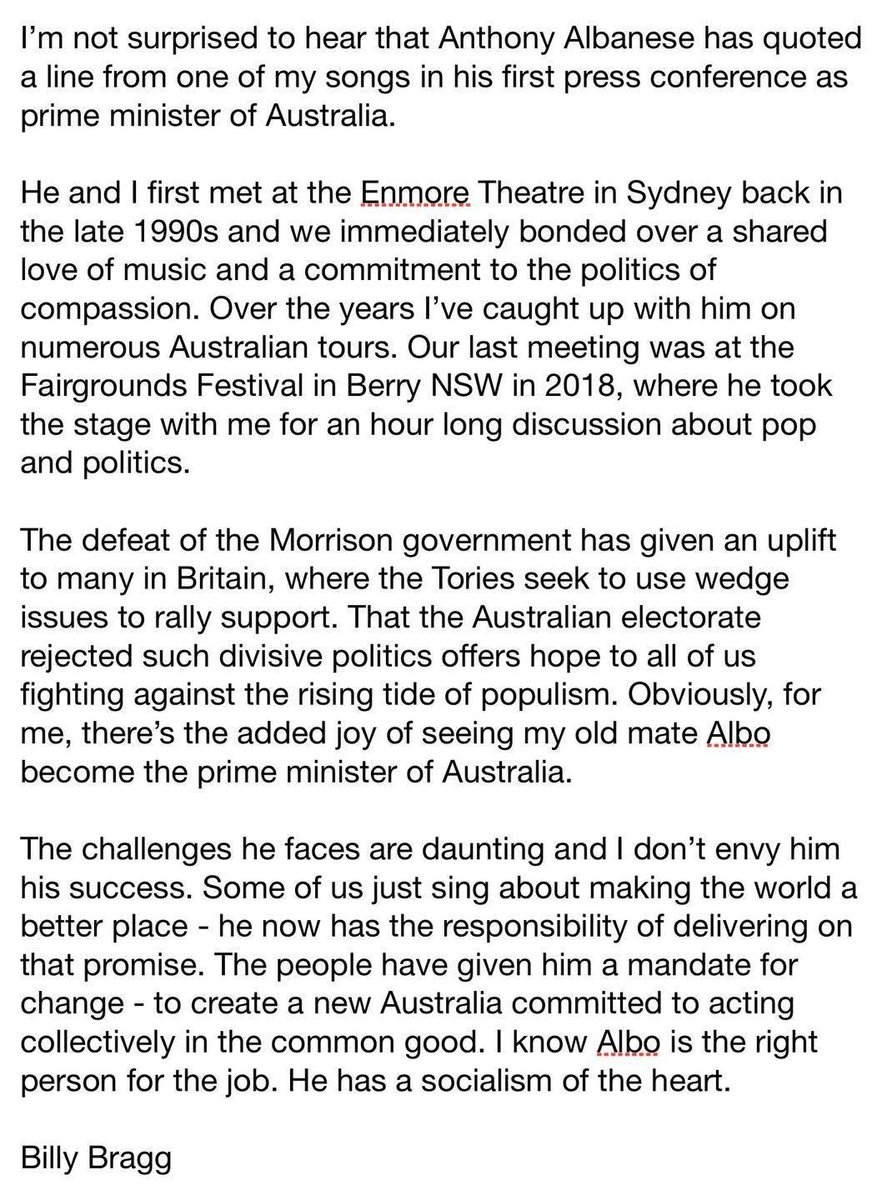 Statement from #BillyBragg on hearing #PM #Albanese quoted him in yesterday’s press conference 