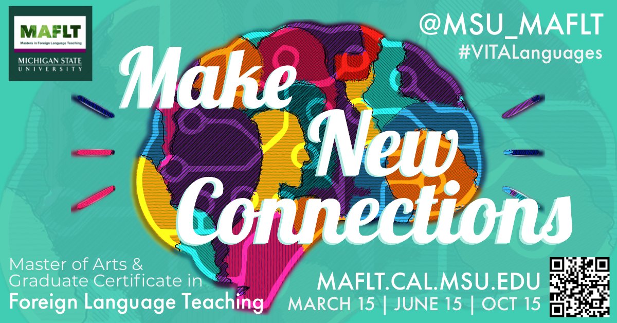 MSU_MAFLT's tweet photo. Language teachers everywhere: Planning to start grad school in 2022? The MAFLT is Innovative, International, and Intentionally Online. Next due date for MA or Certificate is June 15! Details at https://t.co/g3sZTLudEe. #distancelearningupclose #WorldLanguages #LanguageTeaching https://t.co/Czj1IzyPhg