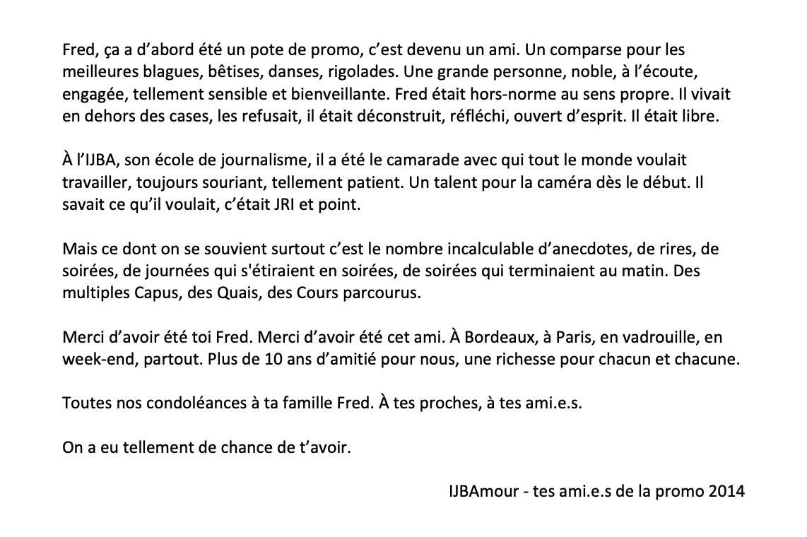 MarionLize's tweet photo. Frédéric Leclerc-Imhoff.
Depuis hier, tout le monde connaît ton nom.
Pour nous, tu étais tout simplement Fred. Tu vas tellement nous manquer 💔 https://t.co/jicH3PVA5i