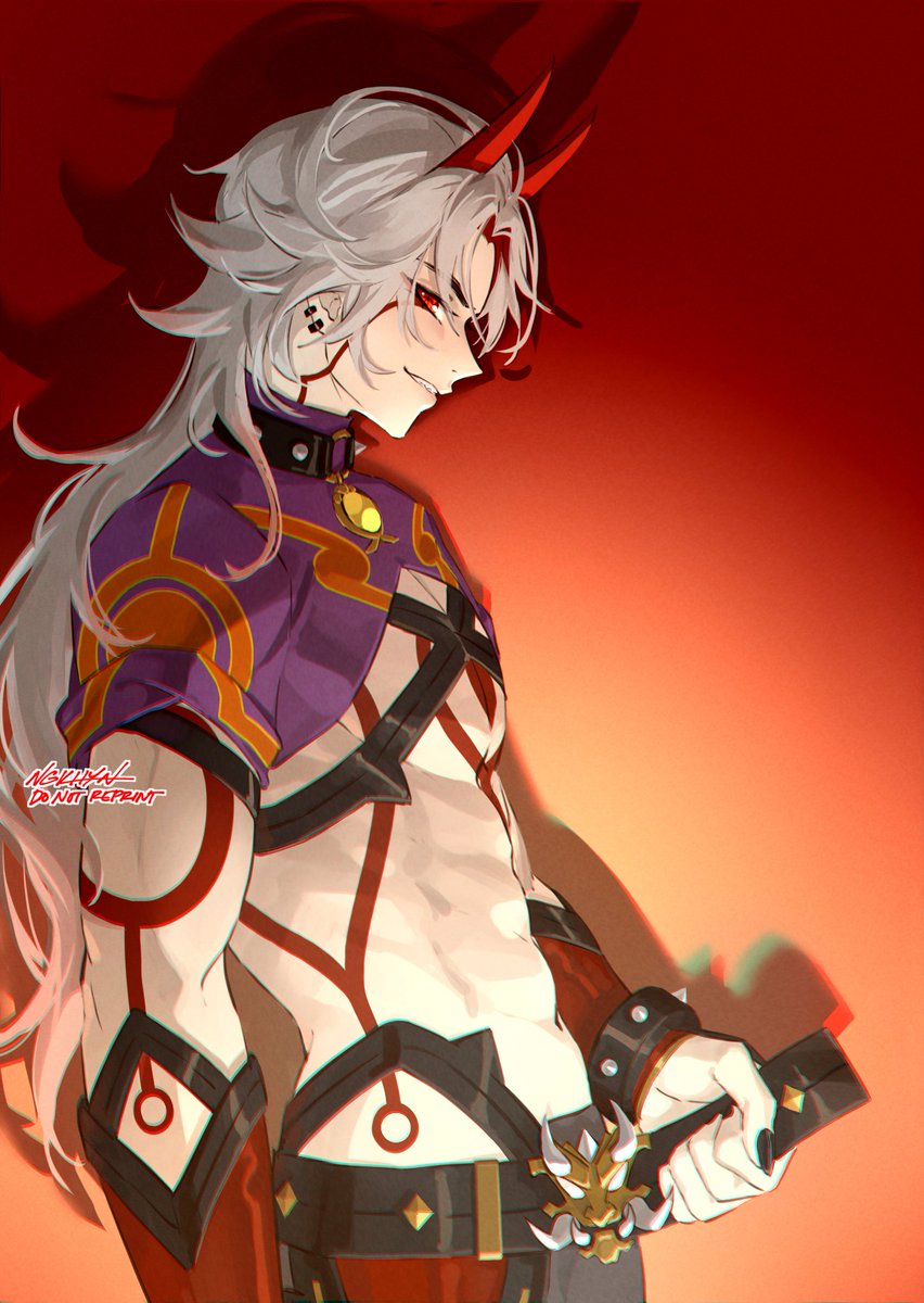 arataki itto 1boy male focus horns long hair red eyes red horns solo  illustration images