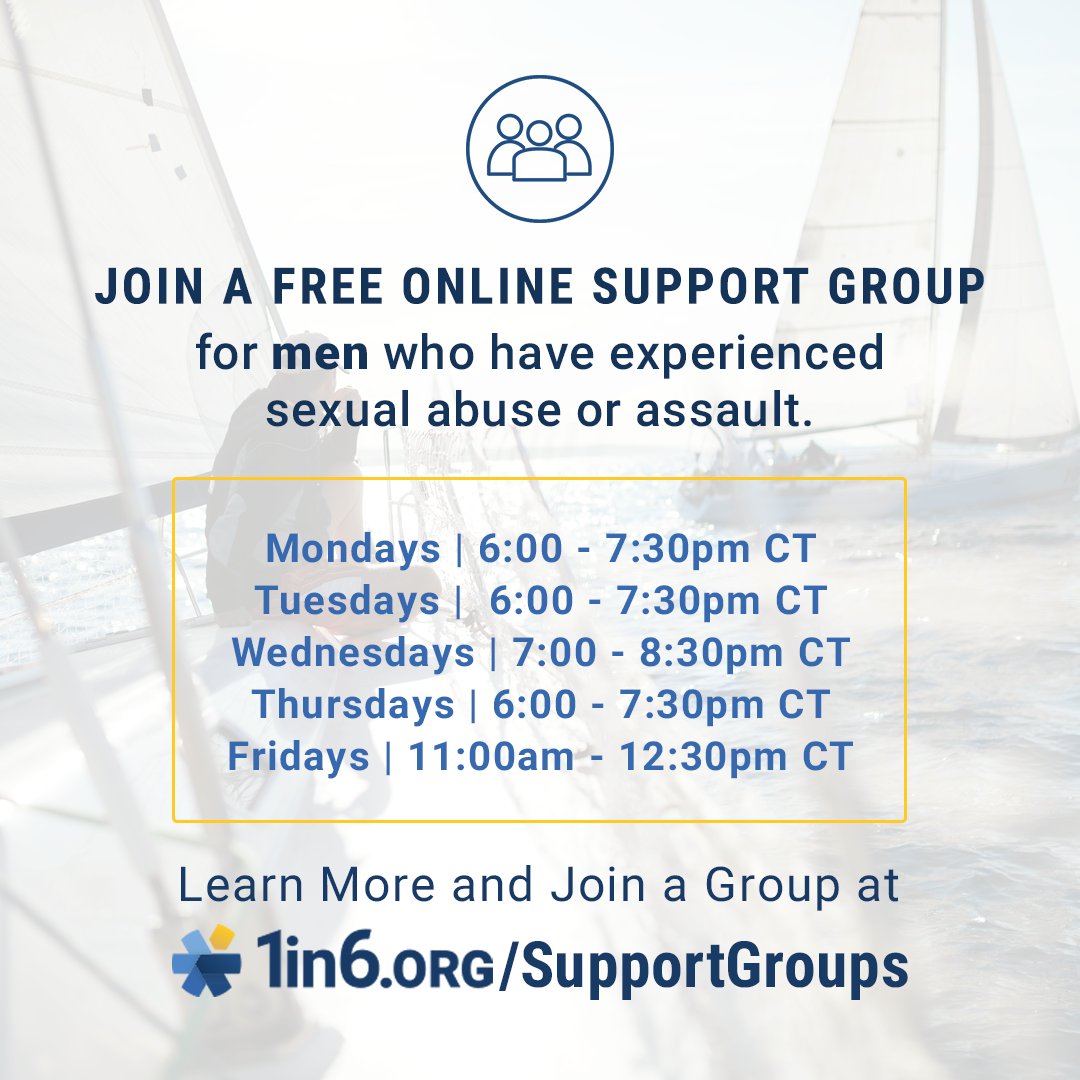 1in6org's tweet image. Ready to talk? Our free and anonymous daily support group for male-identifying survivors of sexual abuse or assault will begin soon. To learn more, or join a group, visit 1in6.org/supportgroups.