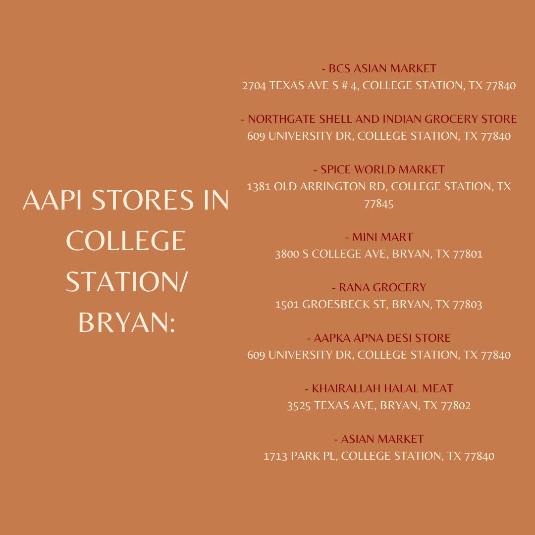 TAMUWRC's tweet photo. With AAPI Heritage Month coming to an end, we gathered together some local restaurants and stores Aggies can proudly support! Did we miss a place? Shout them out in the comments!

#WRC #TAMU #AAPIheritagemonth https://t.co/JK5UzbguKi