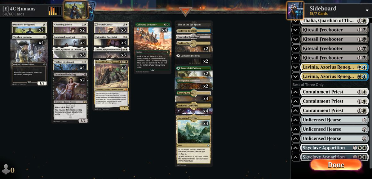 pog
20-3 with 4C Humans in Explorer.
you can cut lavinia to make it 3C if you want. The card was for Fires and Fight Rigging.
Decklist: 
mtgazone.com/user-decks/meg…
Shameless Plug:
youtu.be/RoaDAgMGV_4

<a href="/fireshoes/">Robert Taylor🔥</a> <a href="/mtgazone/">MTG Arena Zone</a> <a href="/ArenaDecklists/">Arena Decklists</a>