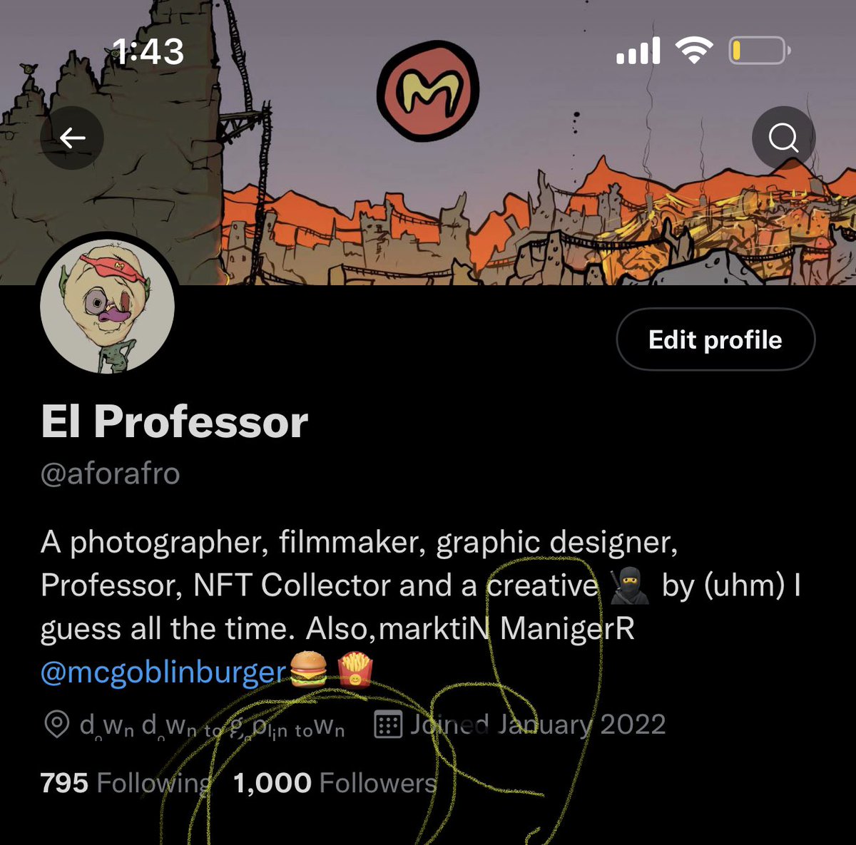 aforafro's tweet photo. Not to sound too philosophical 😁. But, my first 1,000 followers will always be a great memory. I came into this space for connecting with people and learning #web3 together. You have my word that I’ll use my platform to share my experiences and learn together. 🙏🤘 #Goblinforlyf https://t.co/FoklN9y94W