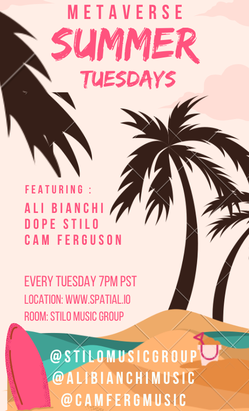 dopestilo's tweet photo. BEACHFEST 2NIGHT 🏖️ Singer Songwriter Showcase on the beach in the METAVERSE! @spatialxr #NFTCommunity //@alibianchimusic x @DopeStilo x @CamFergMusic https://t.co/zJkiqSFNyi