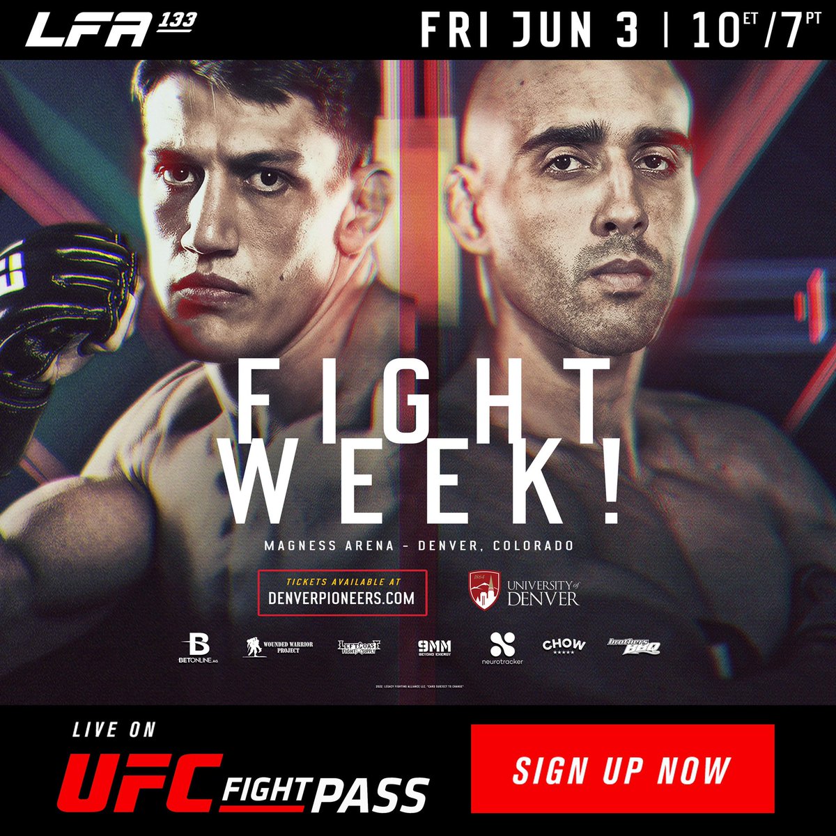 It's #FightWeek and LFA brings the #Featherweight Championship to Colorado at #LFA133! 🏆 @MichaelStackMMA 🇺🇸 vs. @ZeDelano 🇧🇷 Friday, June 3 @UofDenver #Denver, #Colorado 🎫: bit.ly/LFA133_TIX #MMA #LFANation @UFCFightPass