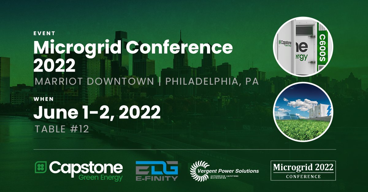 CapstoneEnergy's tweet photo. .@CGRNenergy &amp; distributors E-Finity &amp; @VergentPower are exhibiting at #Microgrid2022 in #Philadelphia on June 1-2! Stop by our booth to learn how our pre-engineered #microgrid solutions can provide reliable &amp; #resilient on-site power w/ our #microturbine tech. ⚡️

@MicrogridNews https://t.co/qgzya9ZPkS