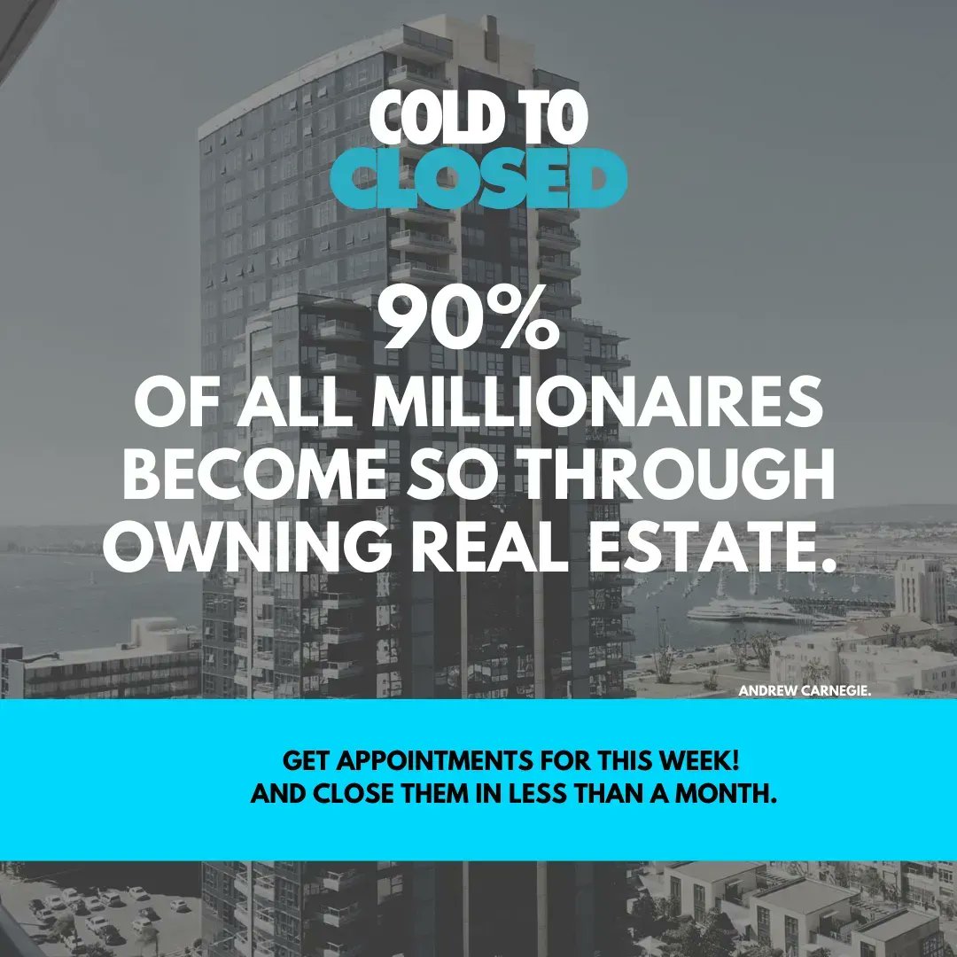 ColdToClosed's tweet image. Ninety percent of all millionaires become so through owning real estate. More money has been made in real estate than in all industrial investments combined. The wise young man or wage earner of today invests his money in real estate.⁠
#realestate #realtor #LeadGeneration #MKT