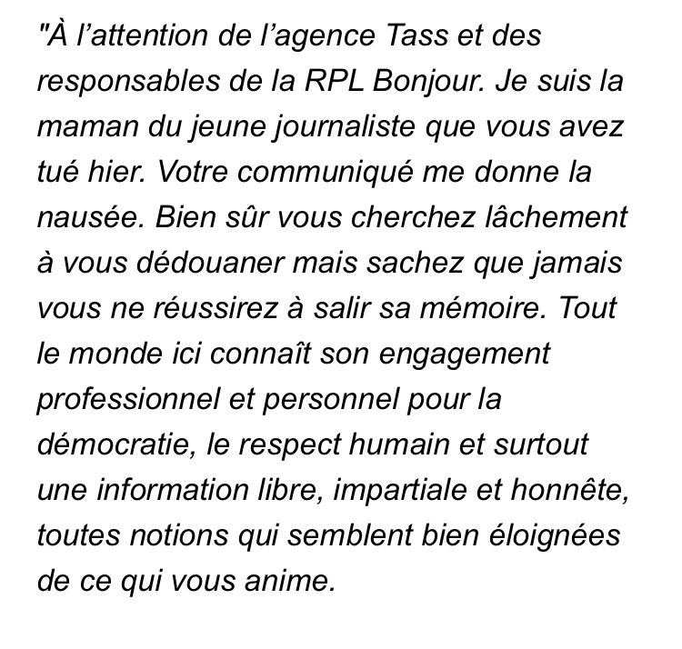 N_Henin's tweet photo. La réponse de la maman de Frédéric Leclerc-Imhoff au propagandiste qui insultait la mémoire de son fils: un monument de dignité face à l'abjection. https://t.co/rBBIGVCTqU