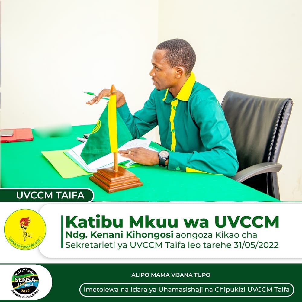 uvccm_tz's tweet photo. UVCCM TAIFA
MEI 31, 2022

Katibu Mkuu UVCCM Ndugu. KENANI KIHONGOSI aongoza kikao cha Sekretarieti kilichoketi leo Ofisi za Makao Makuu ya Umoja wa Vijana wa Chama Cha Mapinduzi Dodoma.

#AlipoMamaVijanaTupo
#ShirikiUchaguziKwaUadilifu
#2022JiandaeKuhesabiwa
#KaziIendelee https://t.co/Gleyf1MZWW
