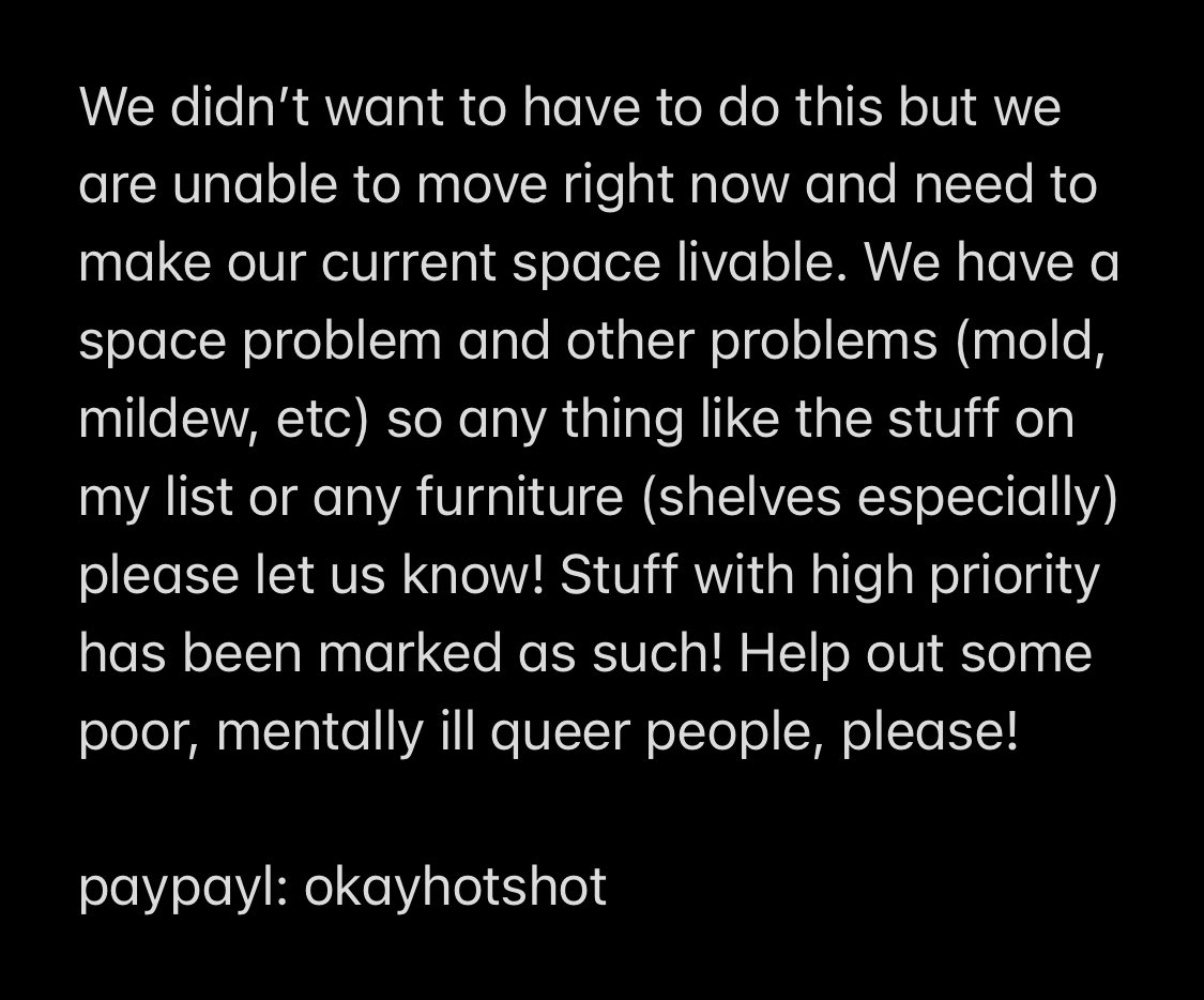 The r*ntal scene is a nightmare, we are in fuck it mode and going to make do with what we have. if anyone wants to support some struggling gays, here’s a wishlist of some of the items we need/would like! 

amazon.com/hz/wishlist/ls…