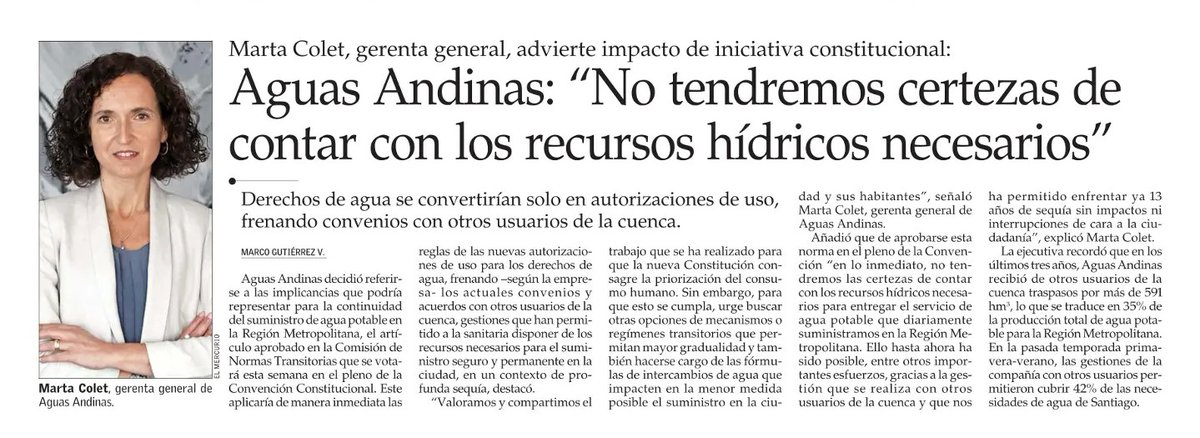 AndessChile's tweet photo. "Urge buscar otras opciones de mecanismos o regímenes transitorios que permitan mayor gradualidad", señaló Marta Colet , gerenta general de @aguas_andinas ​​

Más información aquí: https://t.co/BU6mU6iGvA​

#AguaPotable #ConvenciónConstitucional https://t.co/aH1RZQQ3PE