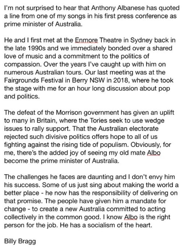 Albo’s endorsement c/o Billy Bragg, ‘some of us just sing about making the world a better place’: #auspol