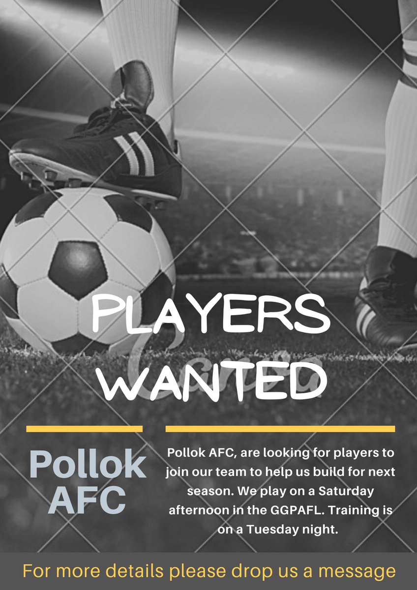 ⚽️ PLAYERS WANTED ⚽️ 

Pollok AFC are a fairly new club who play in the Greater Glasgow Premier AFL. We are looking to add to our squad for season 22/23.

We are recruiting for all positions. Training is on a Tuesday night. Matches are played on a Saturday afternoon.