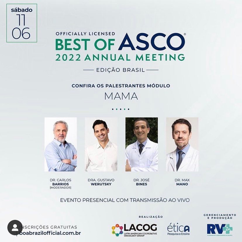 Nos dias 10 e 11 de junho, acontecerá o Best of  ASCO 2022 - Annual Meeting.

Módulo Mama
11/06 - Sábado às 9h30min

Inscrições no link:

boabrazilofficial.com.br/evento/boa2022…

#bestofasco #ASCO2022 #ASCO #eventosmedicos  #oncology  #cancerdemama #breastcancer #drmaxmamo #drmaxsmano