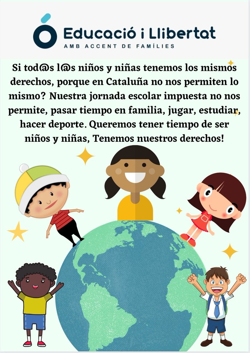 El 7 de juny <a href="/EduiLlibertat/">Associació Educacio i Llibertat</a> participa a la Comissió d'Educació al Parlament. Tots els partits polítics escoltaran la nostra demanda i el perquè s'ha de crear una normativa justa, per votar als centres, on es respecti els drets dels infants i el seu benestar. #volemjornadacontinua