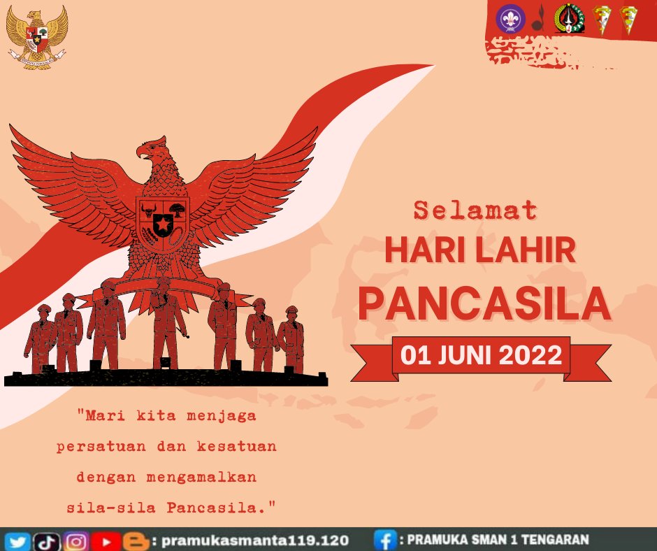 Pramukasmanta1's tweet photo. Selamat Hari Lahir Pancasila 1 Juni 2022. Mari perkokoh persatuan dan kesatuan bangsa, untuk Indonesia yang lebih baik.
#pramukasmanta119.120
#harilahirpancasila
#pramukajateng
#kwarrantengaran
#kwartircabangsemarang
#kwardajateng
#kwarnasgerakanpramuka
#kwarnas https://t.co/zWylcZCd9b