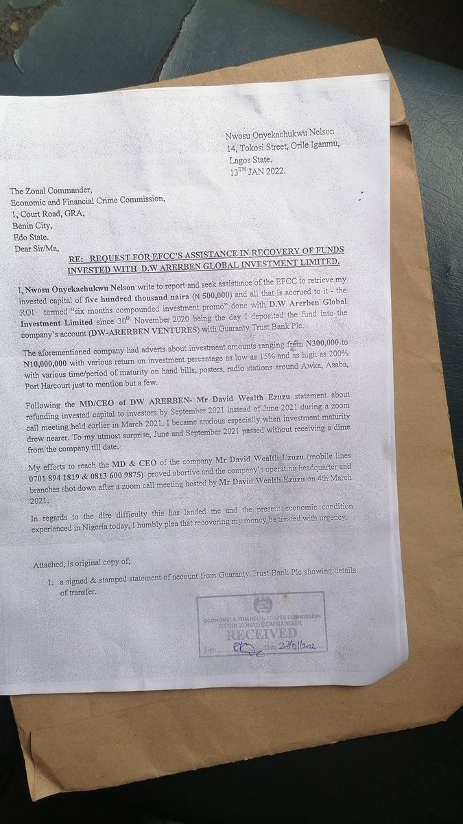oy_nelson's tweet image. Kindly assist with this Petition situated at the Benin Zonal Commander's office about DW-Areben Global investment Company.