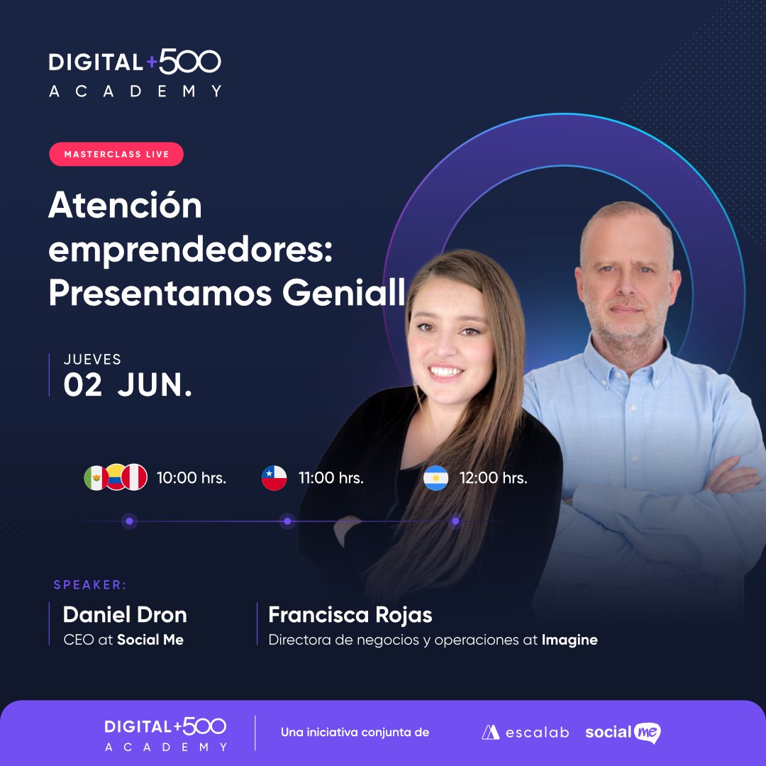 socialmelatam's tweet photo. ¡Lanzamiento Geniall! 
Este 2 de Junio te invitamos a la MasterClass Live donde conocerás la primera aceleradora de Marketing Digital de América Latina
Regístrate aquí: https://t.co/S2bcjRdgrP
@danidron
 
#emprendedores #emprendimiento #startup #startups #Masterclass #LATAM https://t.co/lN50xc1PYk