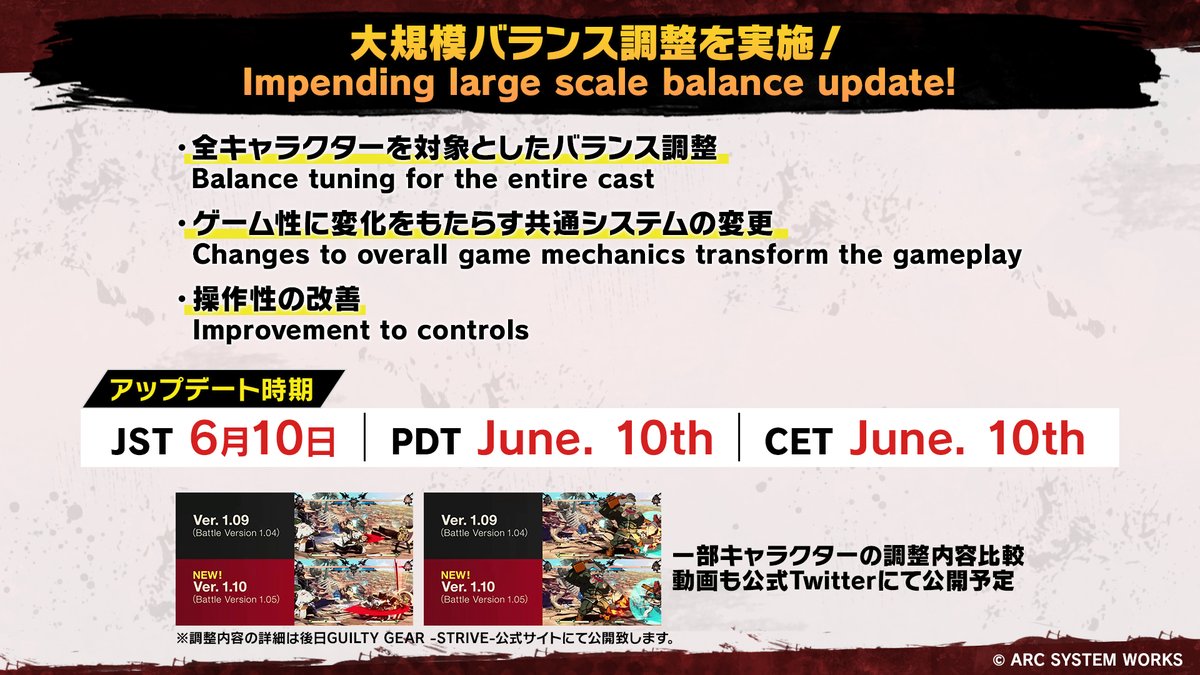 AFGCNews's tweet photo. Highlights from Arc Live:

- Guilty Gear Strive Balance Patch will be releasing on June 10th, the patch notes for the patch will be released next Wednesday, June 8th.

- Arc System Works US is going to try to expand the Arc World Tour to more regions next season. https://t.co/qqW3ElJimW
