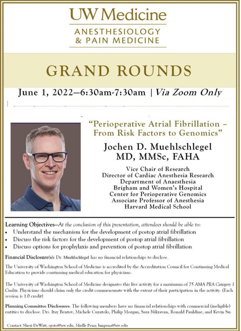 We can’t wait for tomorrow morning’s Grand Rounds lecture delivered by <a href="/DannyMuehlschMD/">Danny Muehlschlegel, MD, MMSc MBA</a> who will discuss opportunities for perioperative genomics.