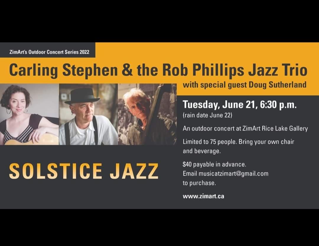 LIVE Music- Join us for an outdoor concert of Jazz, Blues, Soul, French tunes at @ZimArtRiceLake this June 21st with Rob Phillips (piano), Dennis Pendrith (big bass), Curtis Cronkwright (drums) &amp; Doug Sutherland (trumpet). Ring in the summer with world-class sculpture and music!