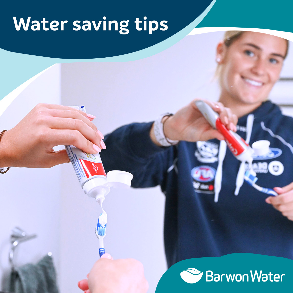 BarwonWater's tweet photo. Becky Webster, our Geelong Cats #AFLW ambassador has some helpful tips for saving water around the home. ๐ง
Save water by turning the tap off when brushing your teeth.
For more water saving tips, visit https://t.co/Ign2E4hoLE
#TargetYourWaterUse #GeelongCats #WaterEfficiency https://t.co/ya3RUu4Sib