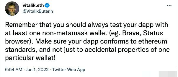 yuhao07547235's tweet photo. V神：至少使用一个非MetaMask钱包测试Dapp确保符合以太坊标准
以太坊创始人Vitalik Buterin发推称，您应该至少使用一个非MetaMask钱包（例如Brave，Status浏览器）测试您的Dapp。确保你的Dapp符合以太坊标准，而不仅仅是符合某个特定钱包的意外属性。 https://t.co/Fkn2hZFznb