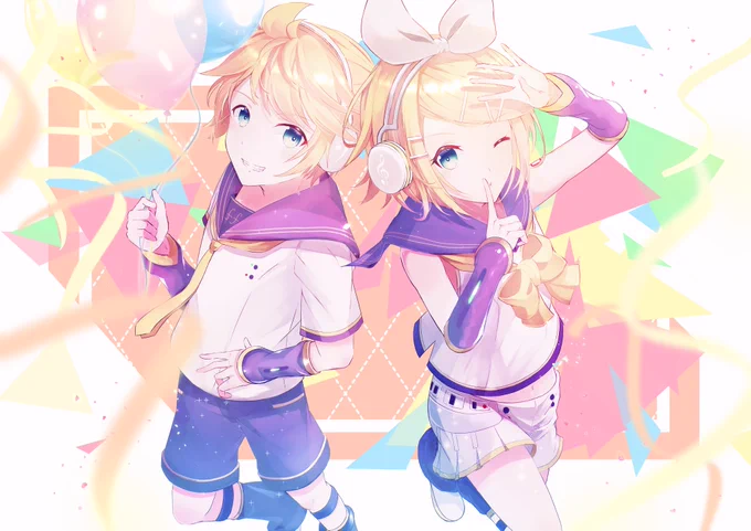 虎まろさんのリンレン!鮮やかな色合いがとっても素敵ですね!とってもHappyな雰囲気です!🎈(≧∇≦)💕【https://t.co/DmDY664gAu】 #piapro  #鏡音リン #鏡音レン 