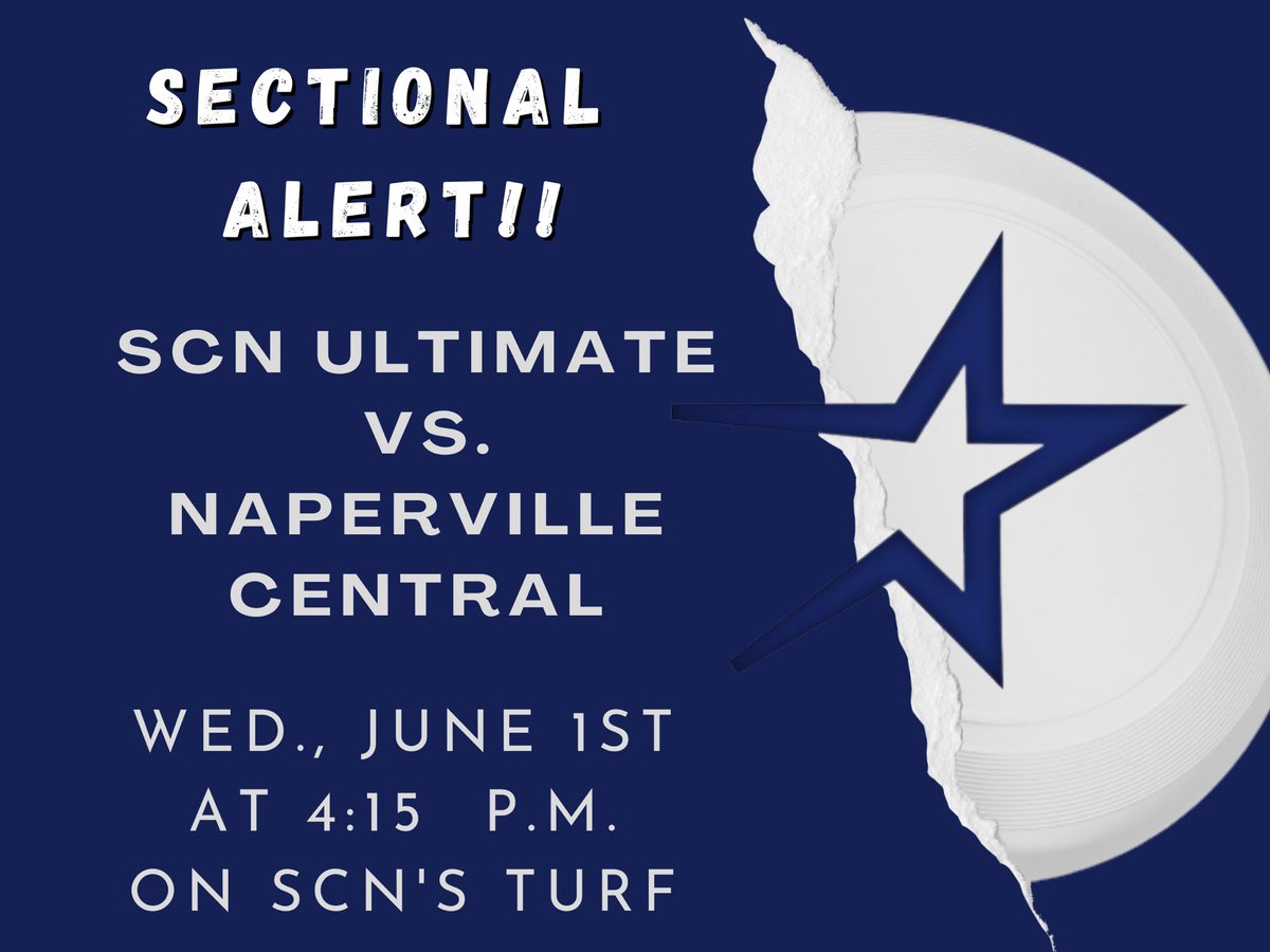 Calling all North Star fans!!! SCN Ultimate is hosting their Sectional game against Naperville Central Wednesday, June 1st, 4:15 at home in our stadium! Support our journey to state! Admission is free. @STCNSports <a href="/bluefangroup/">SCN Blue Fan Group</a> <a href="/StCharlesNorth/">St. Charles North HS</a> <a href="/SCNBoosters/">SCN Athletic Boosters</a>