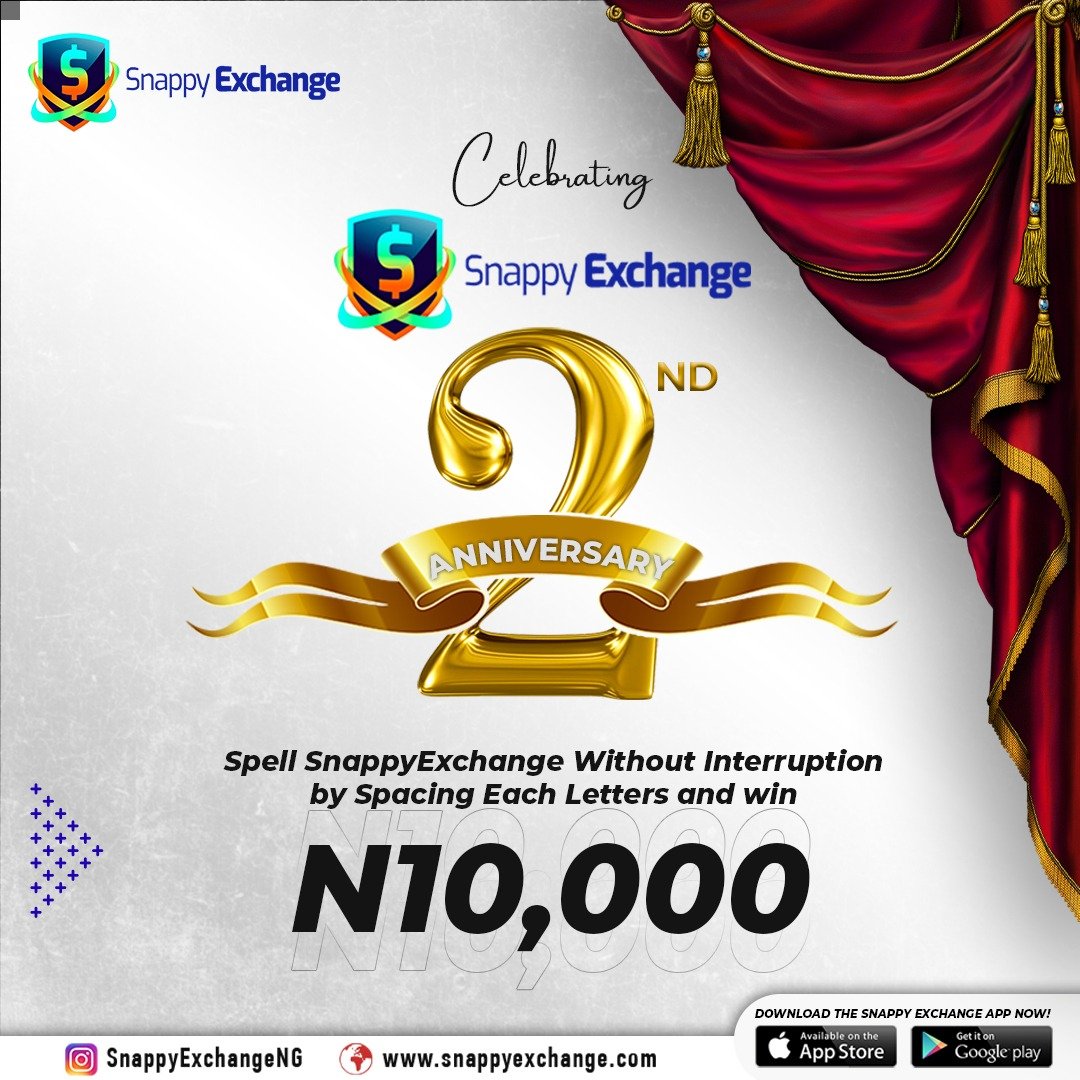 SnappyExchange's tweet photo. Today is SnappyExchange Day & We are feeling generous.
Go to our page on instagram to participate
@SnappyExchangeNg or click this link
https://t.co/Yv5bvYbJlD
#SnappyExchangeIs2 #TradeWithSnappyExchange https://t.co/WxUGdqnUBR