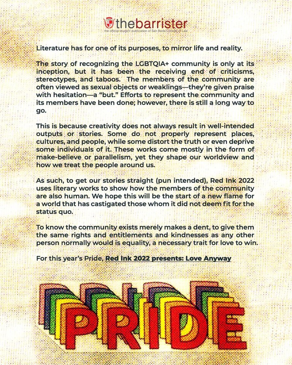 SBUthebarrister's tweet photo. Literature has for one of its purposes, to mirror life and reality. 

Red Ink 2022 presents: Love Anyway

Words by Gilda Flores
Graphics by Sofia G. Valera

#Redink2022 #Fragments2022 https://t.co/vwURPCbfov