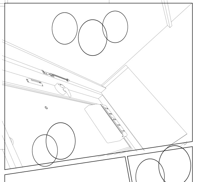3D背景を先に置く。加筆しないと背景にはきついけど、どうせ人物で9割の線が消えるのでキャラペン終わるまで放置。テクスチャつけて影つきの背景も憧れるけど加筆しづらいし影の演出も後から足したいので線画までで我慢。玄関はBOOTH,キッチンは3D背景素材集から。 